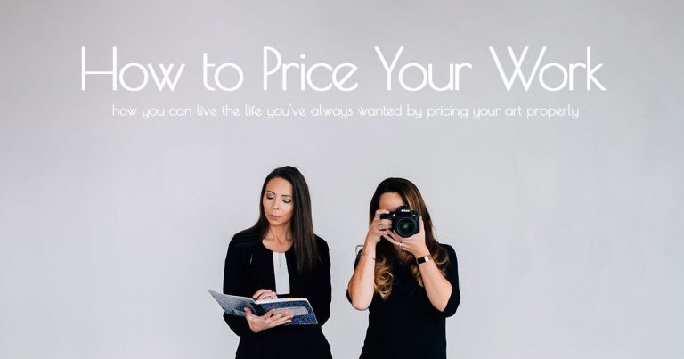 How to Price Your Work Course promotion. Two women are in the photo in front of a grey background. The women on the left (Robyn Roste) is looking at a blue notepad with pursed lips. The woman on the right (Jennifer Pinkerton) is holding a DSLR camera up to her face and pointing her camera at the camera taking the actual photo.